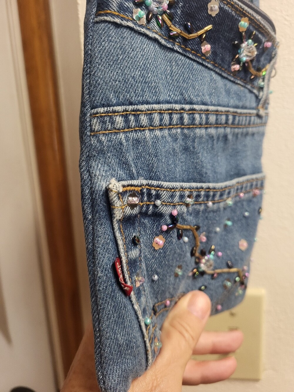 Handcrafted Red Label Levis Embellished Denim Crossbody Bag - Floral Sequins - Picture 12 of 16